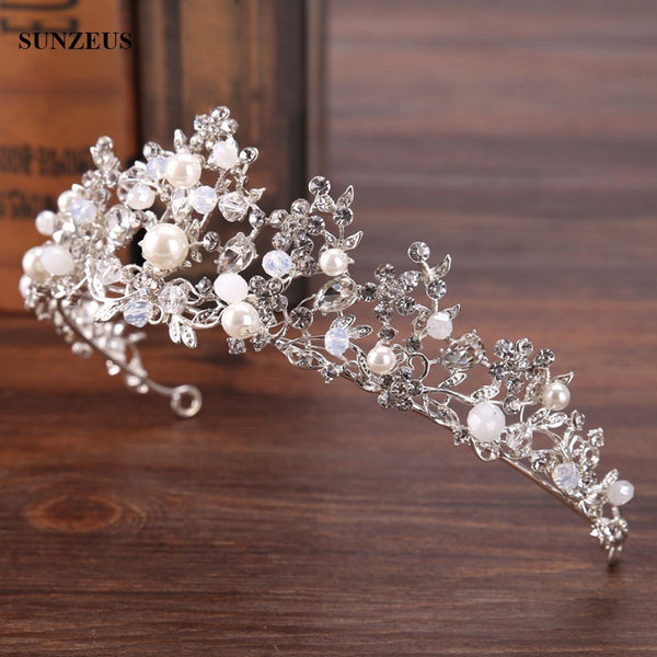 Silver Crystal Bridal Tiara With Pearls Headband Wedding Crown For Brides Accessories