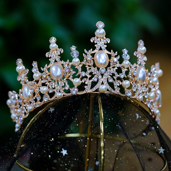 Rose Gold Pearls Wedding Crown Bridal Headpiece Baroque Bride Tiara