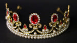 Load image into Gallery viewer, Luxury Gorgeous Gold Tiara Red Rhinestone Pearl Metal, Red Stones - Rhinestone Exclusive Crowns
