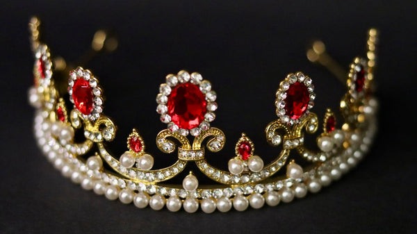 Luxury Gorgeous Gold Tiara Red Rhinestone Pearl Metal, Red Stones - Rhinestone Exclusive Crowns