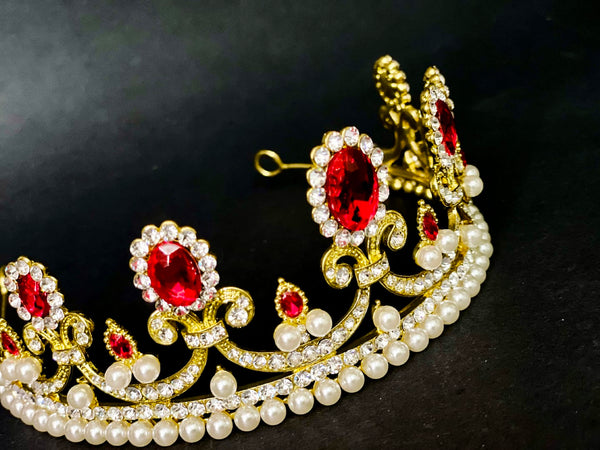 Luxury Gorgeous Gold Tiara Red Rhinestone Pearl Metal, Red Stones - Rhinestone Exclusive Crowns