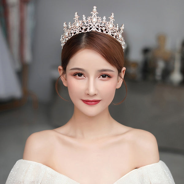 Baroque Luxury Rose Gold Crystal Pearls Bridal Tiaras Crown Rhinestone Pageant Diadem Headbands