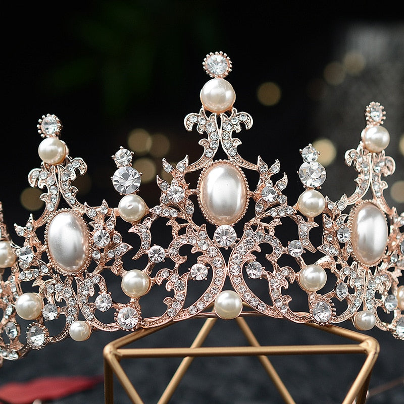 Baroque Luxury Rose Gold Crystal Pearls Bridal Tiaras Crown Rhinestone Pageant Diadem Headbands