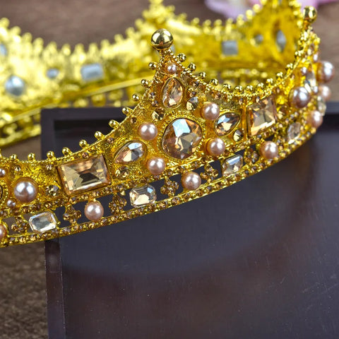 Vintage Round Crown Baroque Queen & King Crown Bridal Tiaras Wedding Crown Retro Baroque Crystal Pearl Round Headwear