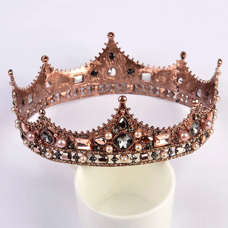 Vintage Round Crown Baroque Queen&King Crown Bridal Tiaras Wedding Crown Retro Baroque Crystal Pearl Round Headwear