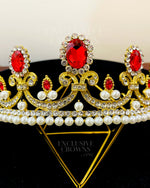 Load image into Gallery viewer, Luxury Gorgeous Gold Tiara Red Rhinestone Pearl Metal, Red Stones - Rhinestone Exclusive Crowns
