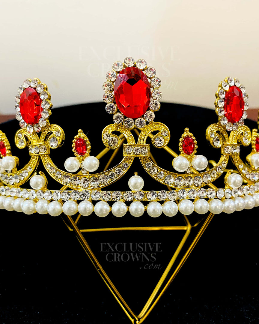 Luxury Gorgeous Gold Tiara Red Rhinestone Pearl Metal, Red Stones - Rhinestone Exclusive Crowns