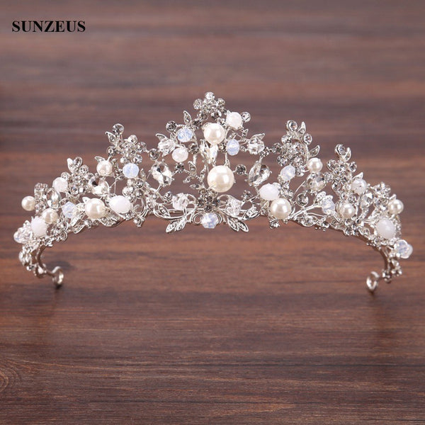 Silver Crystal Bridal Tiara With Pearls Headband Wedding Crown For Brides Accessories