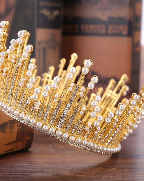 Eli Queen Crown Full Diamond Pearl Filigree Tiara - Exclusive Crowns