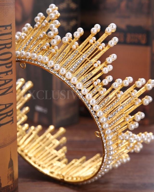 Eli Queen Crown Full Diamond Pearl Filigree Tiara - Exclusive Crowns