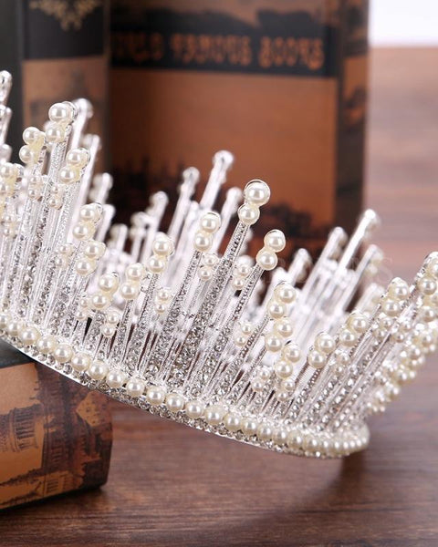Eli Queen Crown Full Diamond Pearl Filigree Tiara - Exclusive Crowns