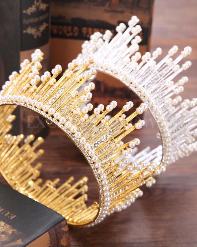 Eli Queen Crown Full Diamond Pearl Filigree Tiara - Exclusive Crowns