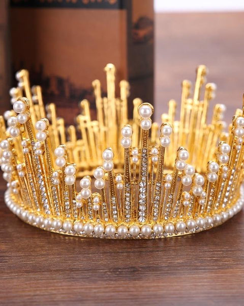 Eli Queen Crown Full Diamond Pearl Filigree Tiara Gold T-8198-G - Exclusive Crowns