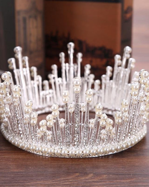 Eli Queen Crown Full Diamond Pearl Filigree Tiara Silver T-8198-S - Exclusive Crowns