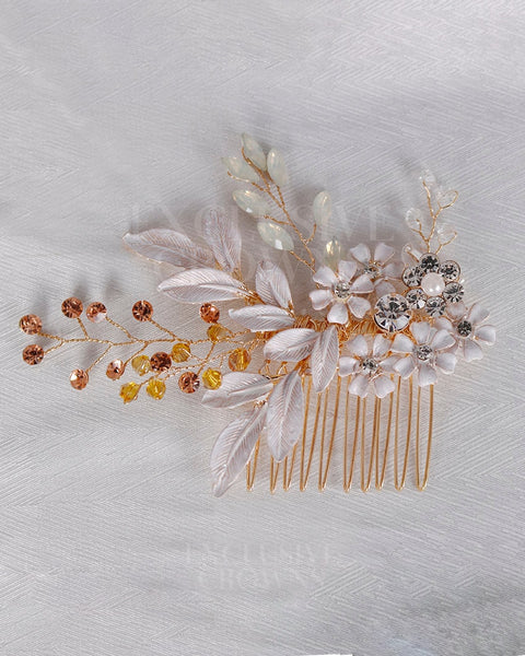Kira Blush Floral Headpiece Comb Gold - Rhinestone Exclusive Crowns