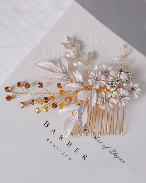 Kira Blush Floral Headpiece Comb Gold - Rhinestone Exclusive Crowns