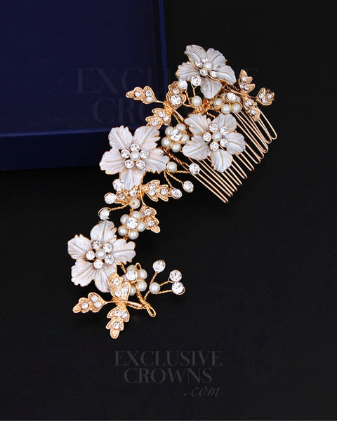 Abbey Floral Hair Comb - Rhinestone Exclusive Crowns