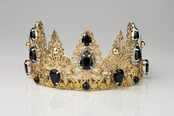 Gold Black Baroque Tiara, Queen's Medieval Tiara, Fashionable Princess Tiara in Gold.