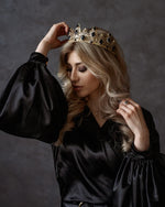 Load image into Gallery viewer, Gold Black Baroque Tiara, Queen&#39;s Medieval Tiara, Fashionable Princess Tiara in Gold.
