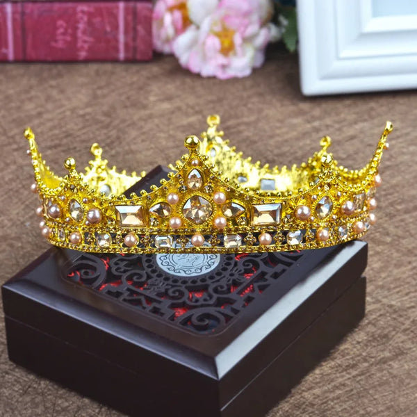 Vintage Round Crown Baroque Queen & King Crown Bridal Tiaras Wedding Crown Retro Baroque Crystal Pearl Round Headwear