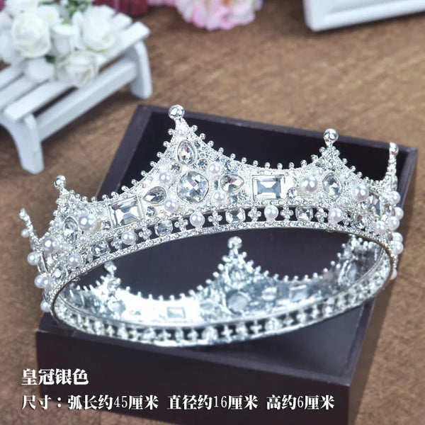 Vintage Round Crown Baroque Queen&King Crown Bridal Tiaras Wedding Crown Retro Baroque Crystal Pearl Round Headwear