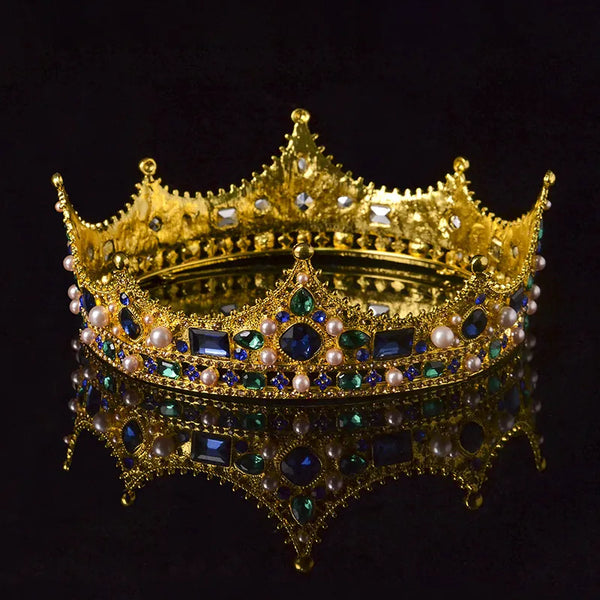 Vintage Round Crown Baroque Queen&King Crown Bridal Tiaras Wedding Crown Retro Baroque Crystal Pearl Round Headwear